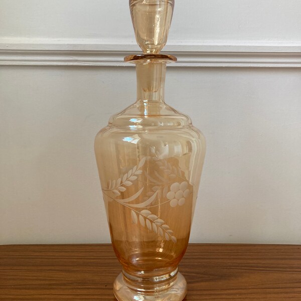 Vintage etched decanter, etched carafe, orange, pearlescent decanter, mid century decanter