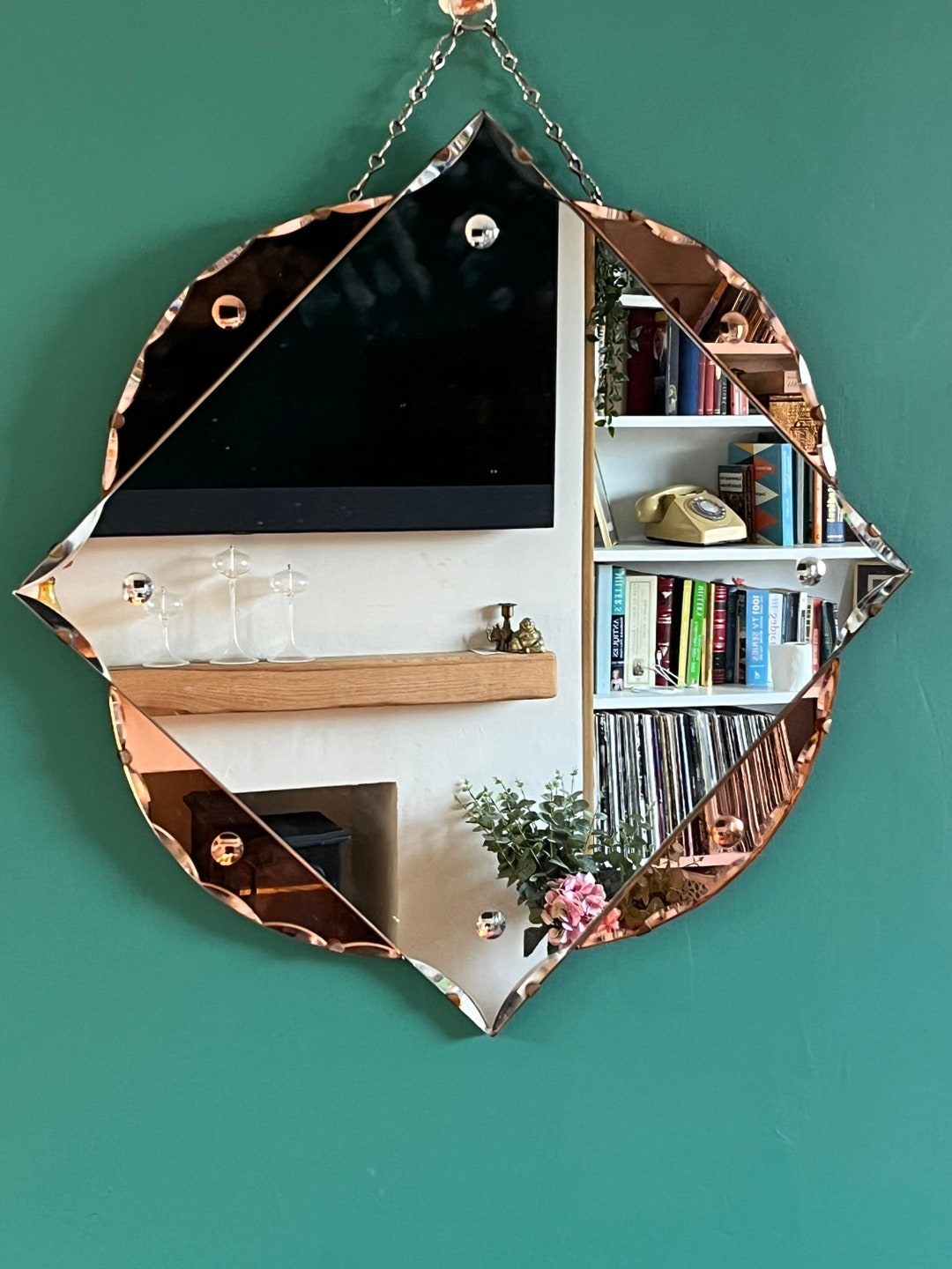 Art Deco Frameless Mirror, Art Deco Peach Glass Mirror, Vintage Mirror