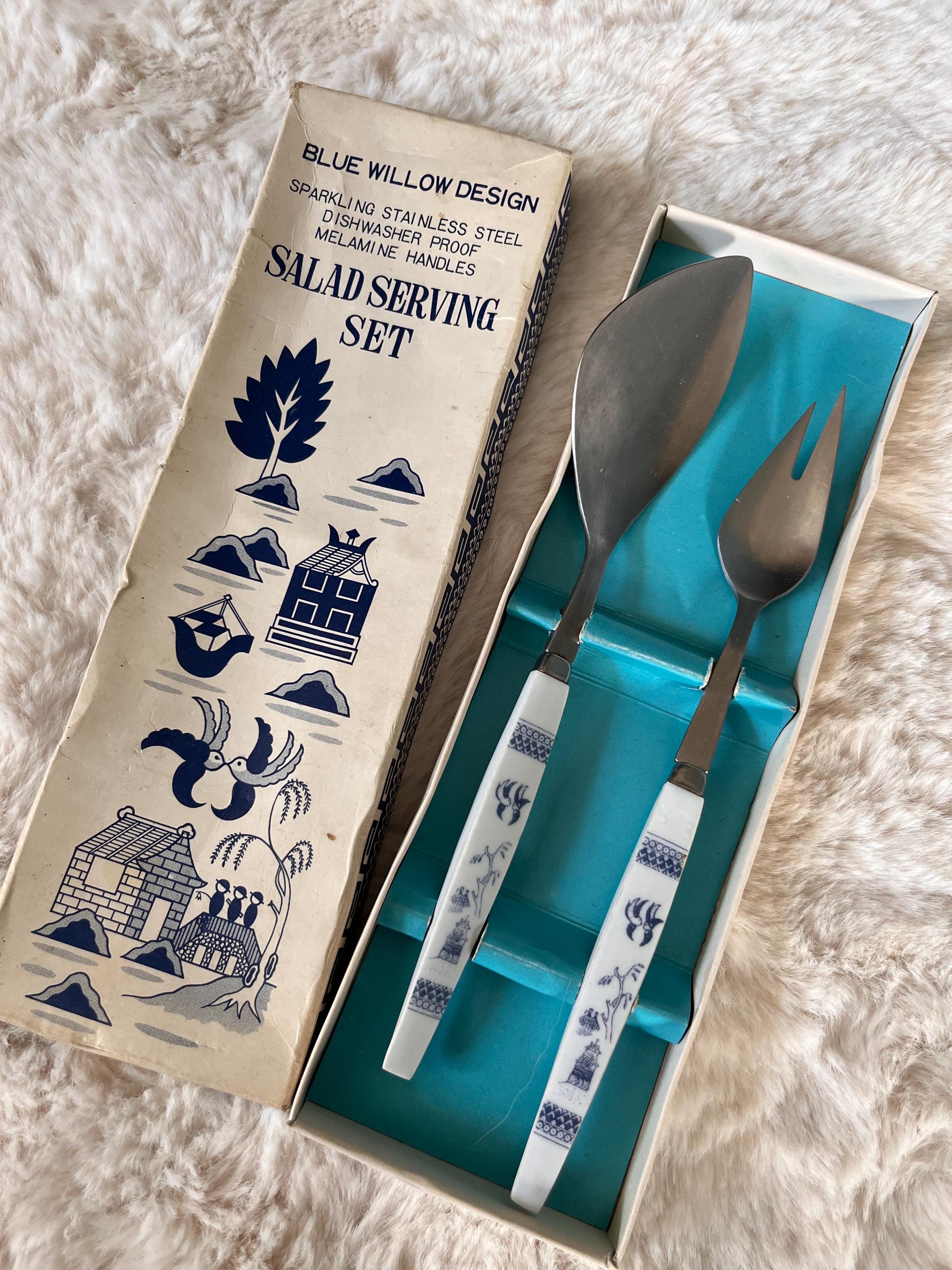 Vintage Blue Willow Salad Servers: Mid-century Stainless Steel