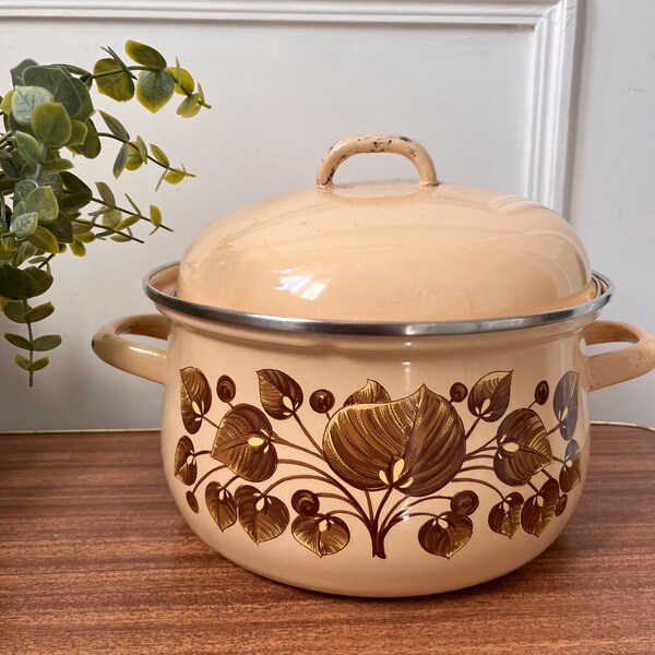 Vintage 1970s enamelware cooking pot, floral retro cooking pot, autumnal Vintage Cookware Mid Century Modern