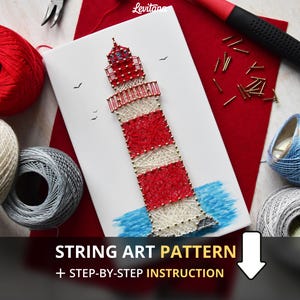 String art pattern Lighthouse DIY craft template for kids and adults