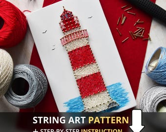 String art pattern Lighthouse DIY craft template for kids and adults