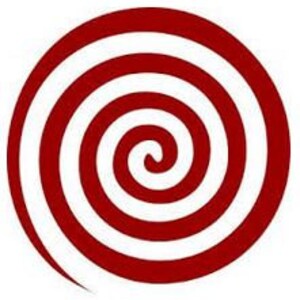 May include: A red and white spiral design. The spiral is centered in a circle.