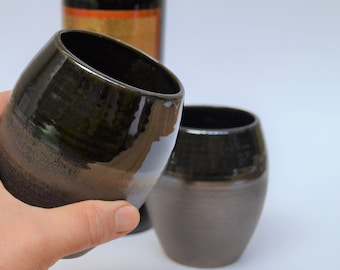 Verre à vin sans tige en poterie de bronze unique, verre à vin sans tige en céramique, cadeau du 8e 9e 19e anniversaire, cadeau de mariage fait à la main, EN STOCK