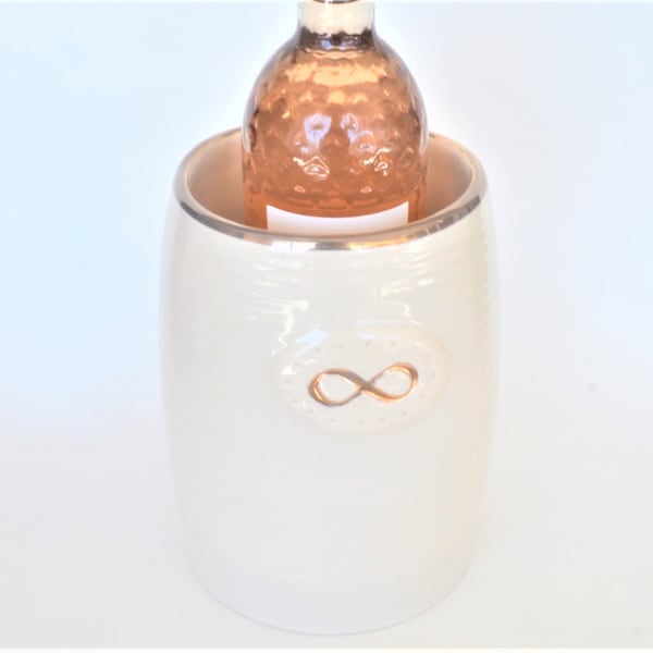 White and 22k Gold Infinity Sign Pottery Wine Chiller, Wedding Gift, Personalized Wine Bottle Holder, Anniversary Gift, Stoneware Ice Bucket