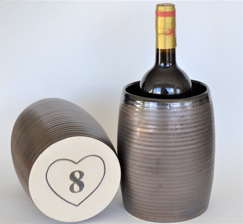 Bronze Pottery Wine Chiller, Big Ceramic Crock, Personalized Wine Bottle Holder, 8th 9th 19th Anniversary Gift, Vase, Stoneware Ice Bucket 8 in heart