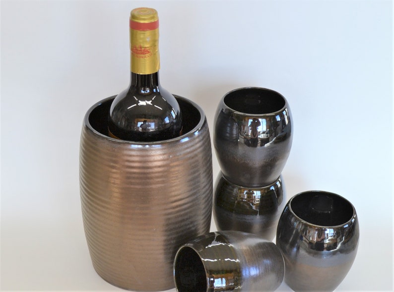 Bronze Pottery Wine Chiller, Big Ceramic Crock, Personalized Wine Bottle Holder, 8th 9th 19th Anniversary Gift, Vase, Stoneware Ice Bucket image 6