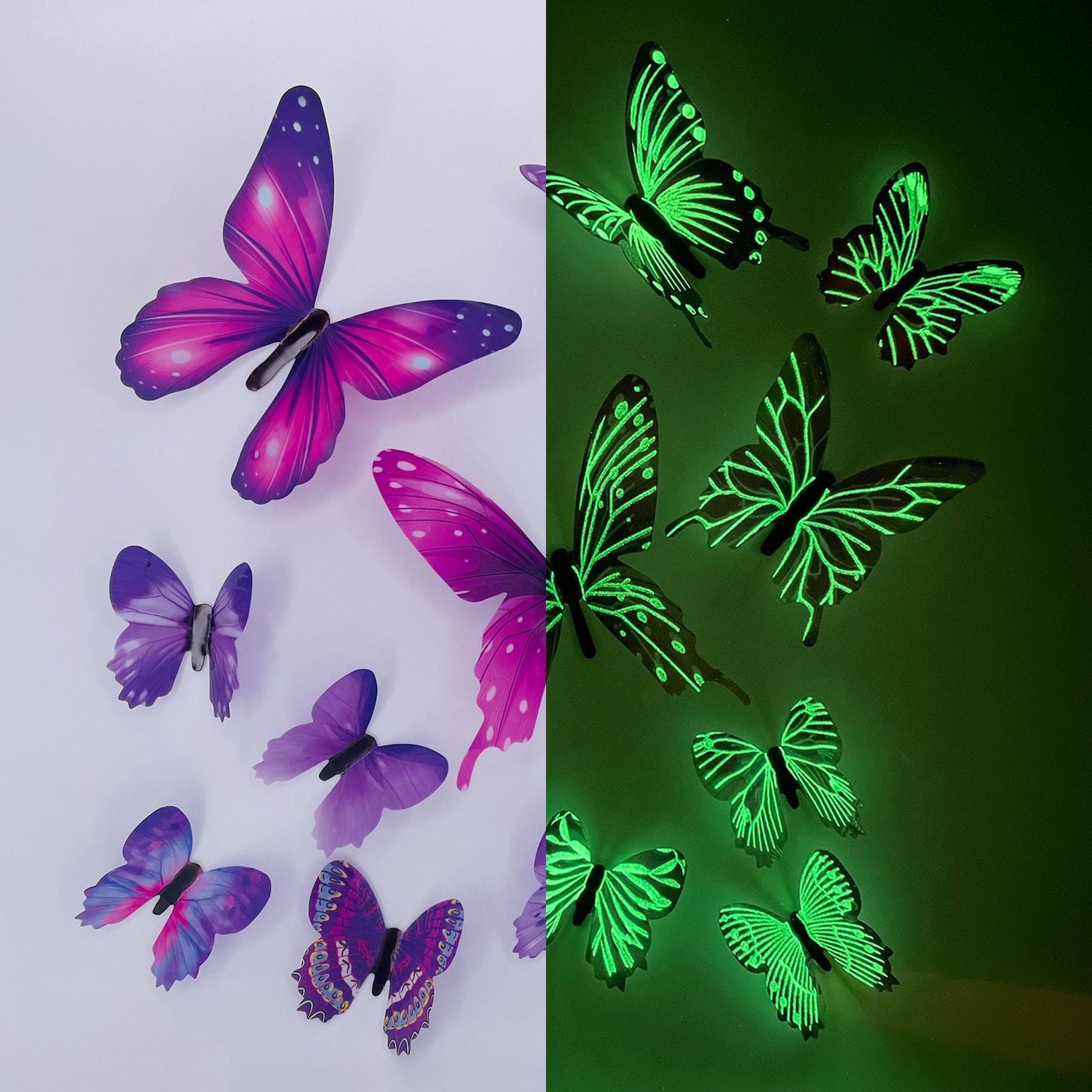 24 Pcs Luminous Butterfly 3D Wall Sticker, LED Auto Color Changing DIY Home Wall Decoration Night Light Butterfly Sticker Wall Decals Removable for