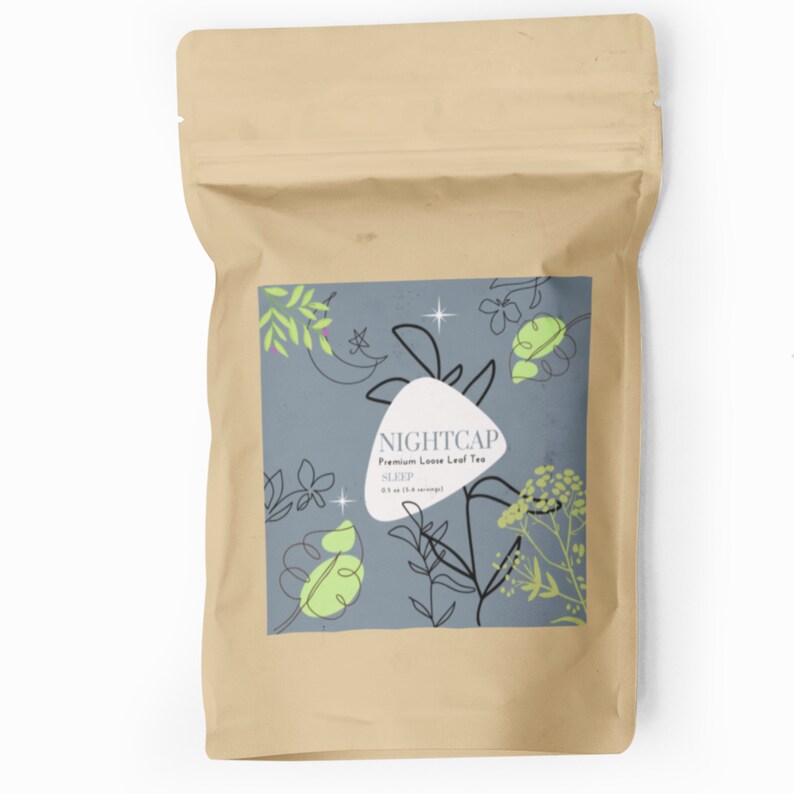 May include: A brown paper bag with a label that says "Nightcap Premium Loose Leaf Tea" and "Sleep 0.5 oz (14 g servings)". The label has a blue background with a white moon, stars, and green leaves.
