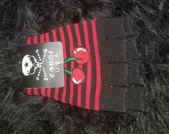 Fingerless Gloves ( Red Striped Cherry Design)