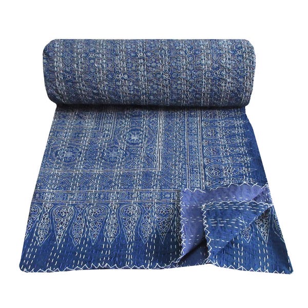 Bloque de la mano de añil Azul hecha a mano India del algodón edredón Kantha imprimir Ajrakh Kantha cama cubierta Reina tamaño Kantha manta mano cosida tiro