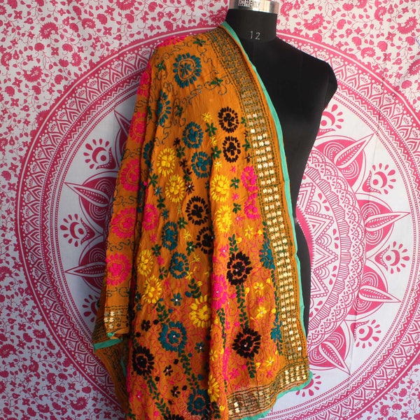 Hand Embroidered Indian Phulkari Dupatta Multi Colorful Handmade Kantha Shawl Embroidered Hijab Sequin Work Stole Neck Wrap