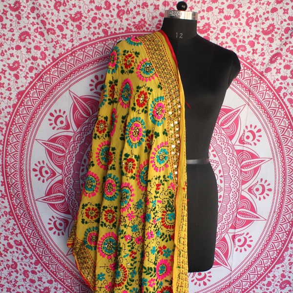 Yellow Hand Embroidered Indian Phulkari Dupatta Multi Colorful Handmade Kantha Shawl Embroidered Hijab Sequin Work Stole Neck Wrap