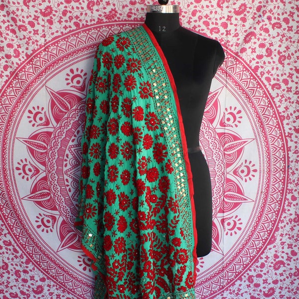 Hand Embroidered Indian Phulkari Dupatta Multi Colorful Handmade Kantha Shawl Embroidered Hijab Sequin Work Stole Neck Wrap