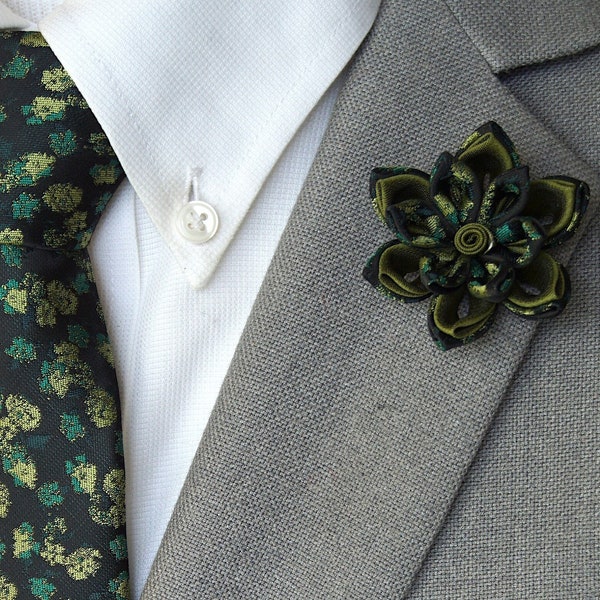 Handmade Black/Green/Olive Flower Lapel Pin paired with Green/Black Floral Tie and Olive Green Pocket Square / Men's Suit Accessories
