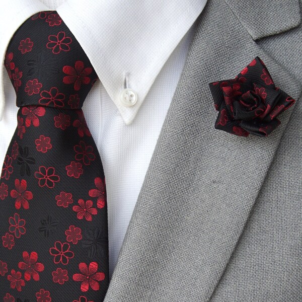 Handmade Black-Red Lapel Flower Pin with matching Floral Tie &  Burgundy Red Pocket Square Set / Men's Suit Accessories / Men's Tie