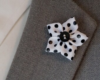 Polka-Dot Flower Lapel Pin / Lapel Pin / White & Black Polka-Dot flower / Kanzashi flower pin