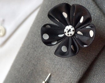 Polka-Dot Flower Lapel Pin, Kanzashi Flower Pin, Flower Brooch, Suit Accessories, Lapel flower, Boutonniere