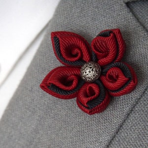 Handmade Red Flower Lapel Pin / Lapel flower Brooch / Kanzashi Flower Pin / Wedding Accessories / Suit Accessories