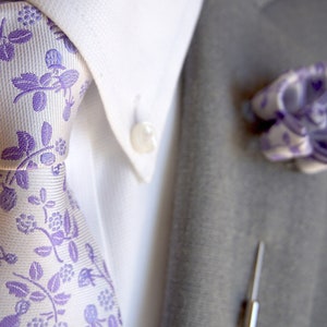 Handmade Flower Lapel Pin paired with Slim Purple Floral Tie & Handmade Lavender Purple Pocket Square Set / Suit Accessories / Men's Tie