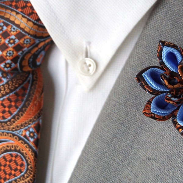 Handmade Copper/Bronze/Blue Flower Lapel Pin paired with Bronze/Copper Paisley Tie and Blue Pocket Square / Men's Suit Accessories