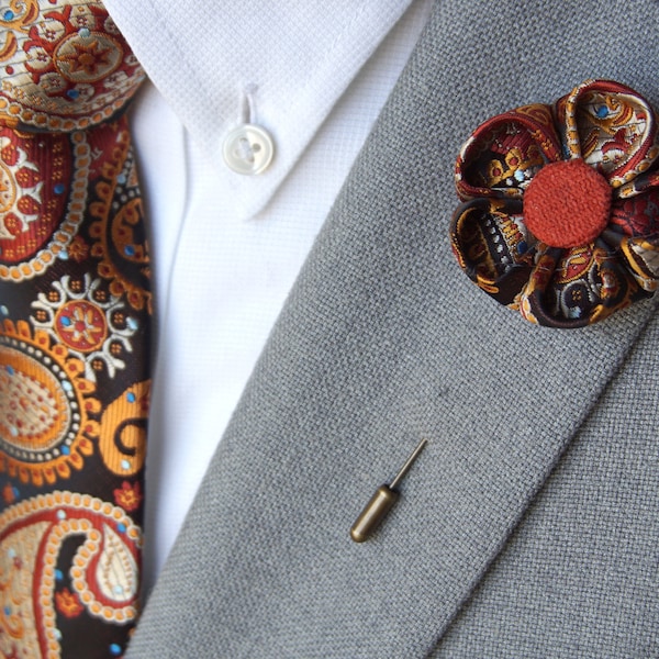 Handmade Flower Lapel Pin Burnt Orange Center with Paisley Petals / Matching Paisley Tie & Solid Color Pocket Square /Suit Accessories/Tie