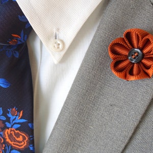 Handmade Orange Lapel Flower paired with Blue/Orange Floral Tie and Blue Pocket Square/ Men's Suit Accessories / Wedding accessories