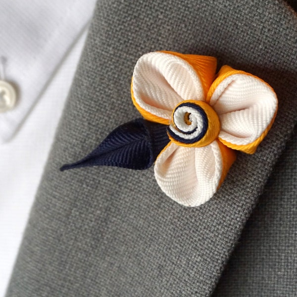 3 Petal White Lapel Flower - Choice of Yellow or Orange - Flower Brooch - Floral Lapel Pin