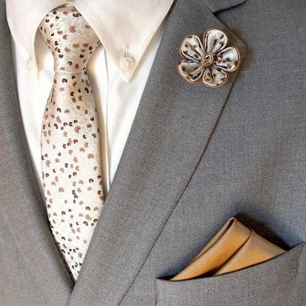 Handmade White-Brown Lapel Flower Pin / White - Brown Floral Tie & Tan Brown Pocket Square Set / Suit Accessories /Men's Tie / Mens Gift