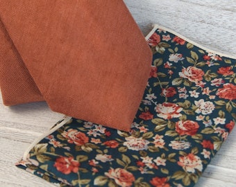 Brown Spice Tie and Floral Pocket Square, Tie Sets, Wedding Accessories, Wedding Ties,  Men's Gifts