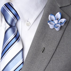 Handmade Lapel Pin paired w/ Blue & White Striped Tie w/ Pocket Square Set - Men's Suit Accessories - Men's Tie