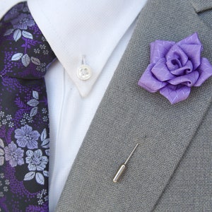 Rose Lapel Pin / Purple Floral Tie & Matching Pocket Square Set / Men's Suit Accessories / Men's Tie / Pocket Square