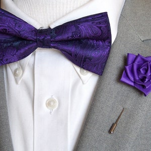 Handmade Purple Paisley Bowtie, Rose Lapel Pin & Pocket Square Set