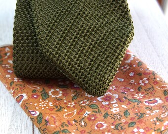 Green Knitted Tie and Orange Floral Pocket Square, Wedding accessories, ties for men, men's gifts