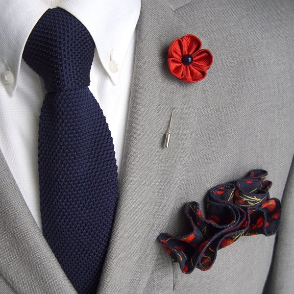 Handmade Red Flower Lapel Pin with Navy Center, Navy Blue Knitted Tie & Round Red-Poppy Pocket Square / Suit Accessories/ Men's Gifts