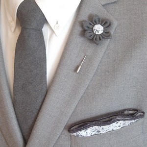 Handmade Lapel Flower paired with Grey Tie and Round White-Grey Floral Pocket Square / Tie Sets / Wedding Ties