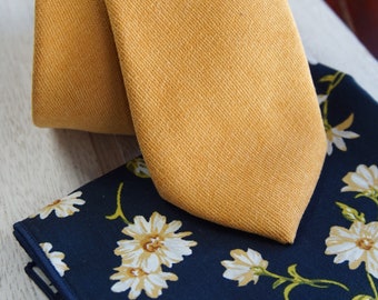 Mustard Yellow Slim Tie and Dark Blue Daisy Pocket Square / Wedding accessories