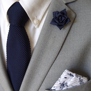 Navy Rose Lapel Flower paried with Knitted Tie and Pocket Square / Wedding accessories / Suit Accessories