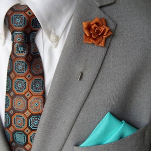 Copper Rose Lapel Pin / Greco-Pattern Tie & Blue Pocket Square Set / Men's Suit Accessories / Men's Tie / Pocket Square