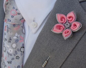 Handmade Silver and Pink Lapel Flower Pin with a Floral Silver - Pink Tie and Pocket Square - Wedding accessories - men's ties