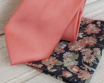 Coral Tie and Floral Pocket Square, Wedding Ties, Wedding Accessories, Men's Gift, Coral Ties