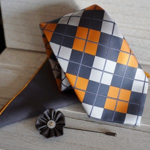 Silver Handmade Lapel Pin / Orange/Gray Tie & Gray Handmade Pocket Square Set / Men's Suit Accessories / Men's Tie