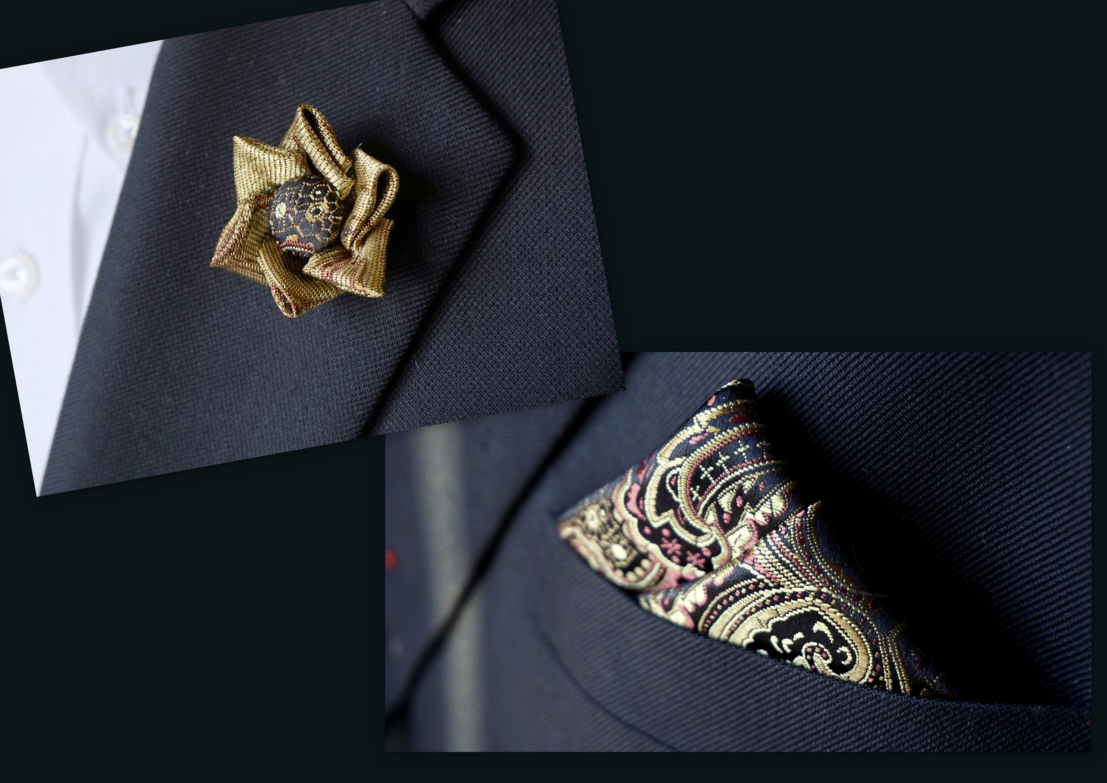 Men's Golden Flower Lapel Pin & Pocket Square Combo / Mens Etsy