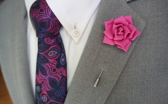 Pink Handmade Rose Lapel Pin / Modern Design Tie & Matching Pocket