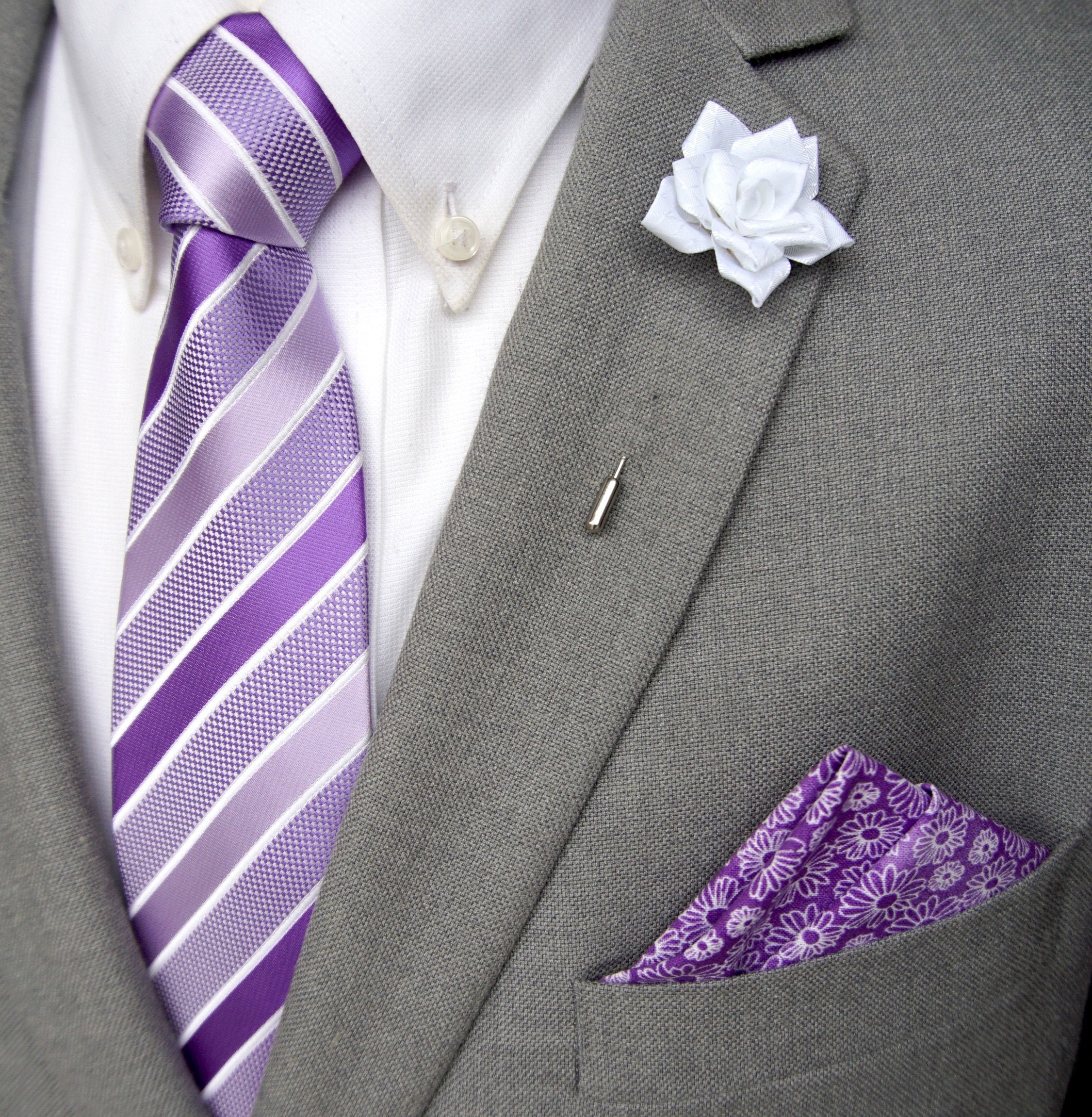 white dress shirt with purple tie