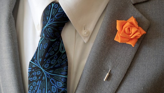 Orange Rose Lapel Pin / Modern Design Tie & Matching Pocket Square