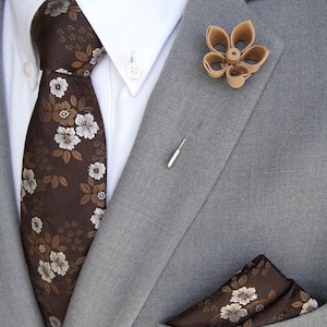 Handmade Open Petal Lapel Flower Pin / Brown Floral Tie & Pocket Square Set / Men&#39;s Suit Accessories /Men&#39;s Tie / Mens Gift