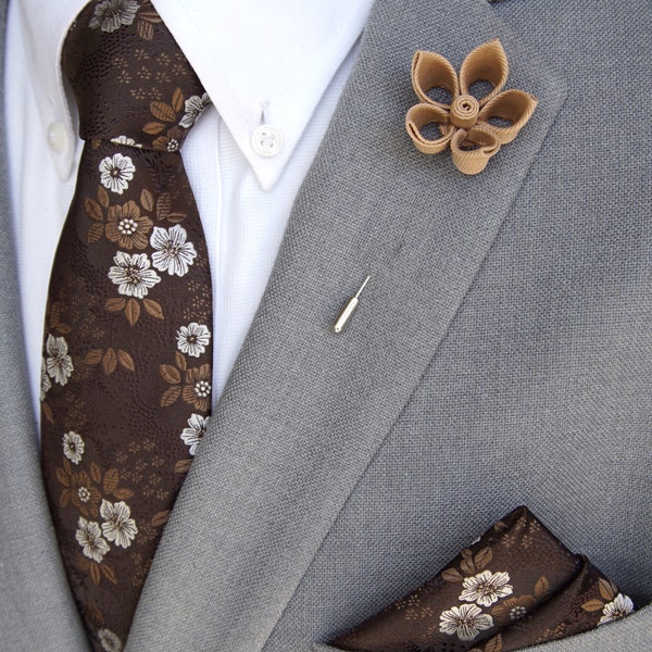 Handmade Open Petal Lapel Flower Pin / Brown Floral Tie & Pocket Square Set / Men's Suit Accessories /Men's Tie / Mens Gift