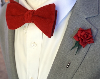 Handmade Flower Lapel Pin Paired with Red Corduroy Bowtie