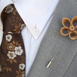 Handmade Tan Open Petal Lapel Flower Pin / Brown Floral Tie & Pocket Square Set / Men's Suit Accessories /Men's Tie / Mens Gift